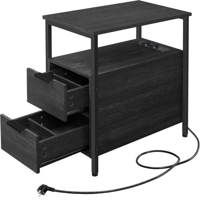 VASAGLE Noptiera 60x35x61 cm, cu 2 sertare, rafturi si priza incorporata, PAL si otel, gri antracit si negru [1]