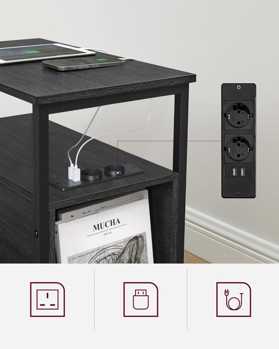 VASAGLE Noptiera 60x35x61 cm, cu 2 sertare, rafturi si priza incorporata, PAL si otel, gri antracit si negru [7]