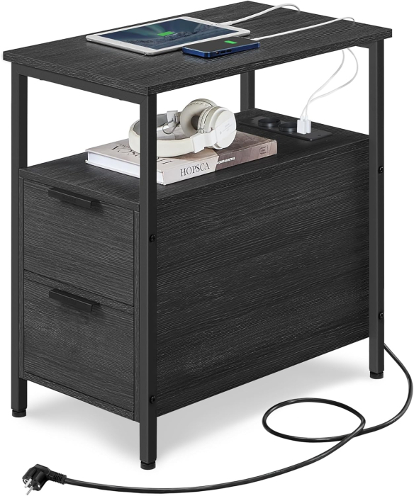 VASAGLE Noptiera 60x35x61 cm, cu 2 sertare, rafturi si priza incorporata, PAL si otel, gri antracit si negru [5]