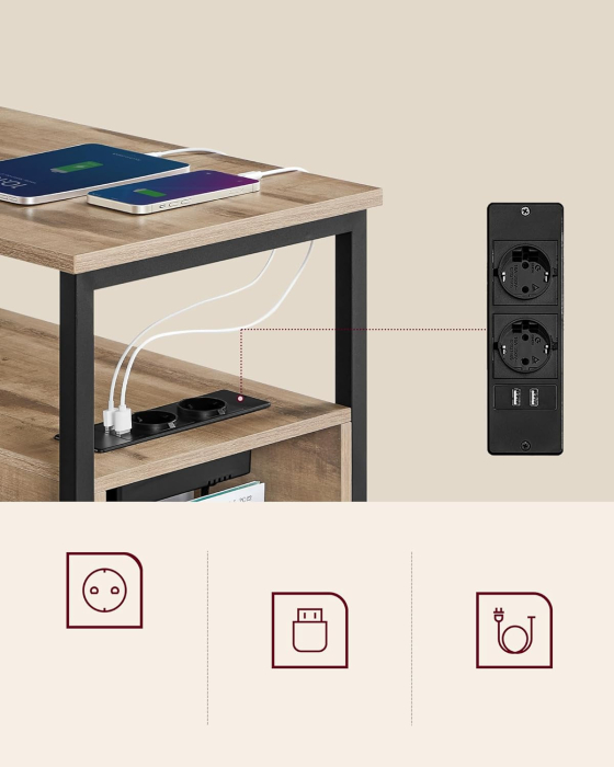 Noptiera 60x35x61 cm, cu 2 sertare, rafturi si priza incorporata, PAL si otel, maro [2]