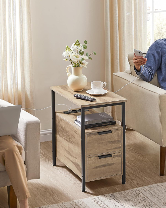 Noptiera 60x35x61 cm, cu 2 sertare, rafturi si priza incorporata, PAL si otel, maro [7]