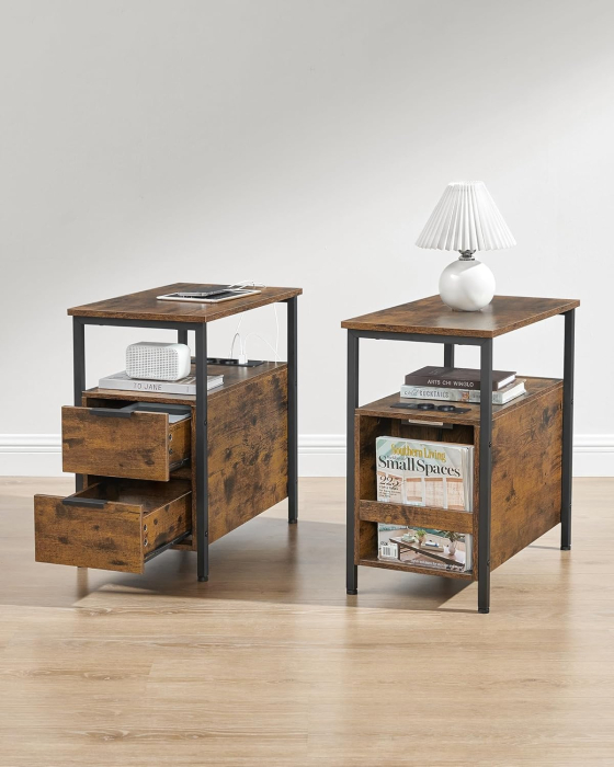 Noptiera 60x35x61 cm, cu 2 sertare, rafturi si priza incorporata, PAL si otel, maro rustic [8]