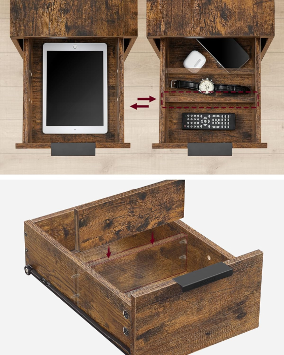 Noptiera 60x35x61 cm, cu 2 sertare, rafturi si priza incorporata, PAL si otel, maro rustic [3]