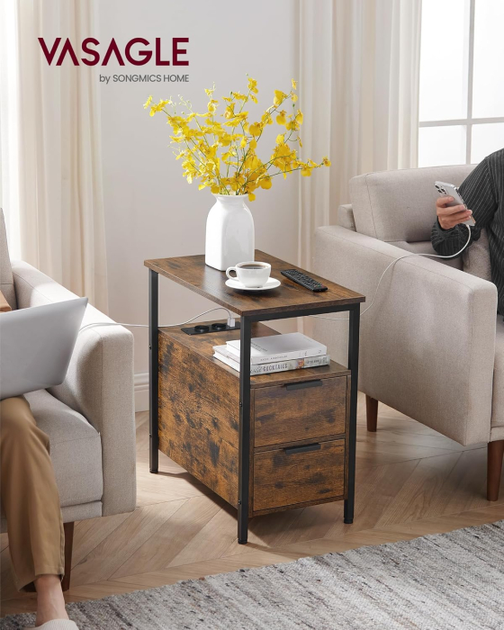 Noptiera 60x35x61 cm, cu 2 sertare, rafturi si priza incorporata, PAL si otel, maro rustic [9]