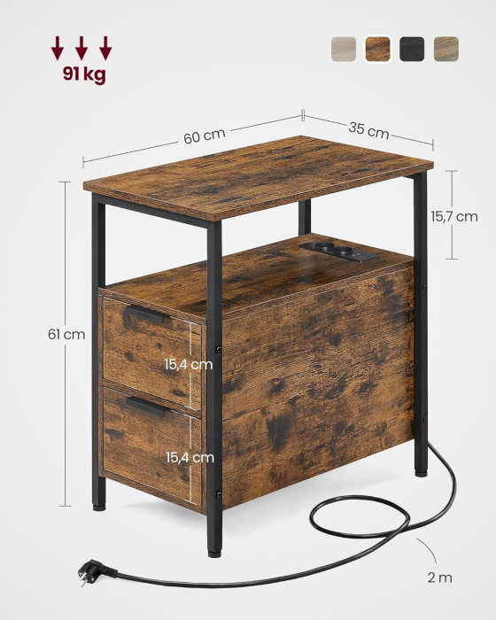 Noptiera 60x35x61 cm, cu 2 sertare, rafturi si priza incorporata, PAL si otel, maro rustic [5]