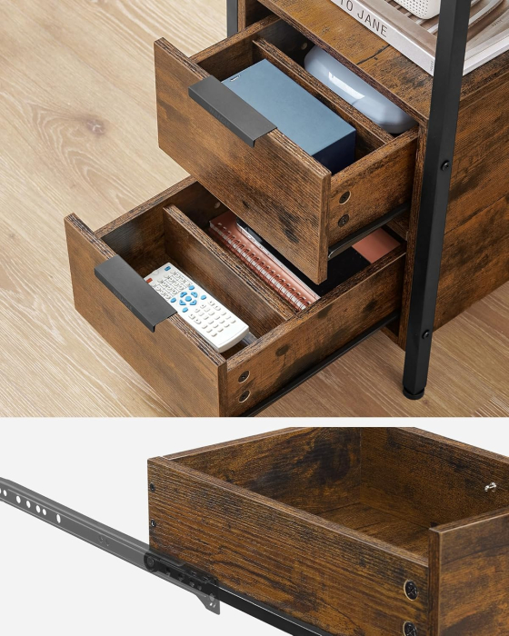 Noptiera 60x35x61 cm, cu 2 sertare, rafturi si priza incorporata, PAL si otel, maro rustic [6]