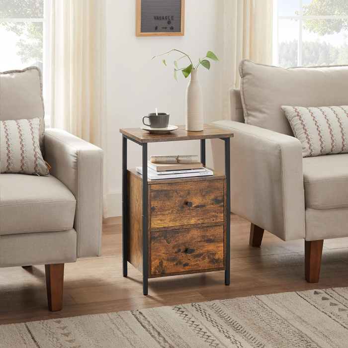 Noptiera cu 2 sertare pentru dormitor, design industrial, 28x38x60cm, maro si negru [5]