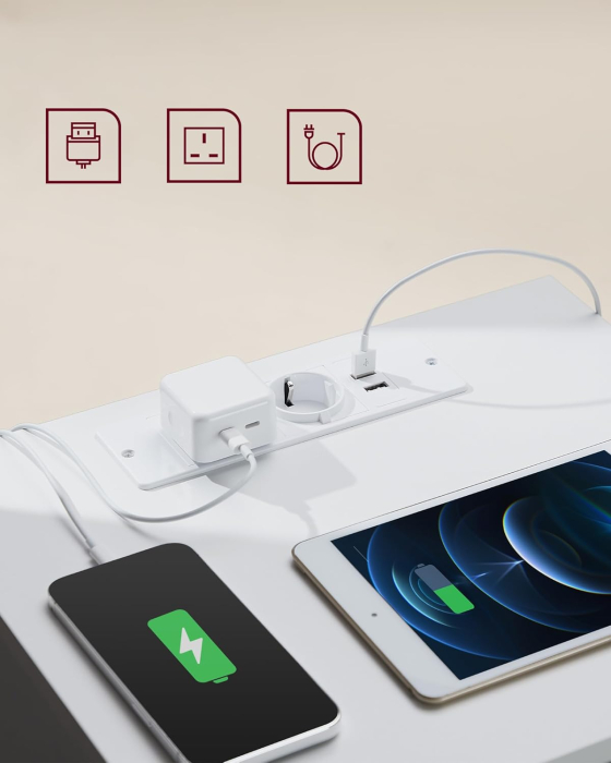 VASAGLE Noptiera cu 3 sertare, din PAL, cu 2 prize si 2 porturi USB, 40x35x59 cm, alb [5]