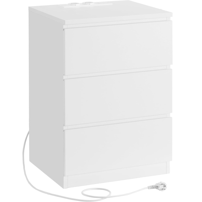 VASAGLE Noptiera cu 3 sertare, din PAL, cu 2 prize si 2 porturi USB, 40x35x59 cm, alb [1]