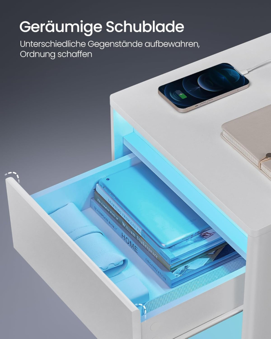 VASAGLE noptiera cu iluminare LED reglabila, 35x40x55 cm, 2 sertare, raft deschis, MDF si PAL, alb [6]