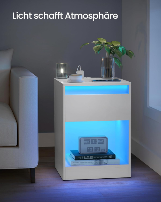 VASAGLE noptiera cu iluminare LED reglabila, 35x40x55 cm, 2 sertare, raft deschis, MDF si PAL, alb [8]