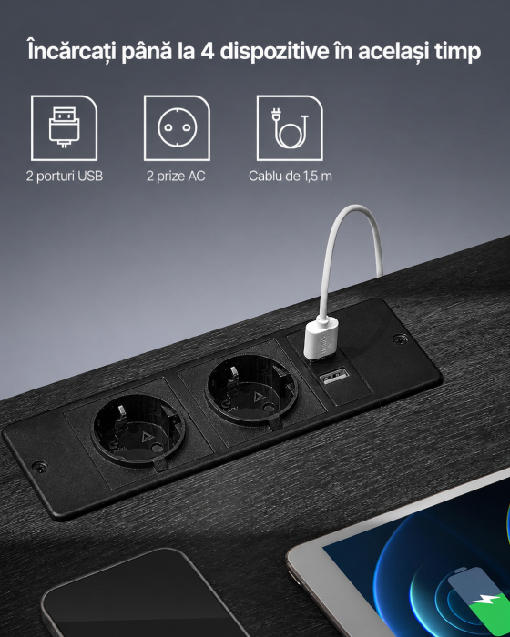 Noptiera cu iluminare LED reglabila, prize si porturi USB, sertar si raft, MDF si PAL, 40x35x55 cm, negru [7]