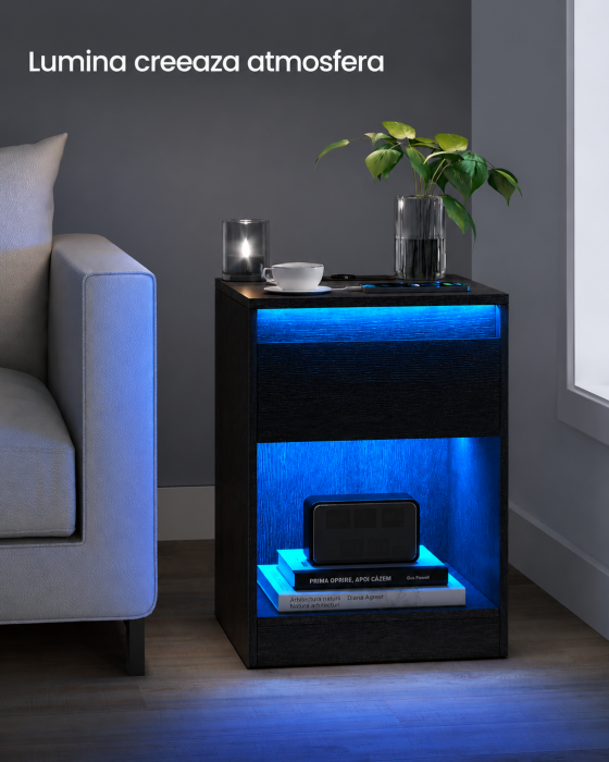 Noptiera cu iluminare LED reglabila, prize si porturi USB, sertar si raft, MDF si PAL, 40x35x55 cm, negru [6]