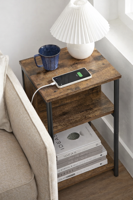 VASAGLE Noptiera cu prize si USB, 3 rafturi, stil industrial, 30x34x58 cm, maro rustic [7]