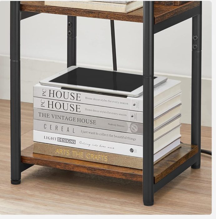 VASAGLE Noptiera cu prize si USB, 3 rafturi, stil industrial, 30x34x58 cm, maro rustic [6]