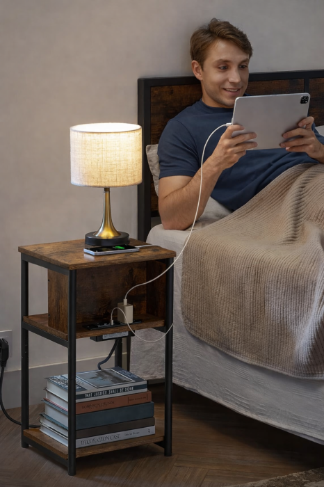 VASAGLE Noptiera cu prize si USB, 3 rafturi, stil industrial, 30x34x58 cm, maro rustic [5]