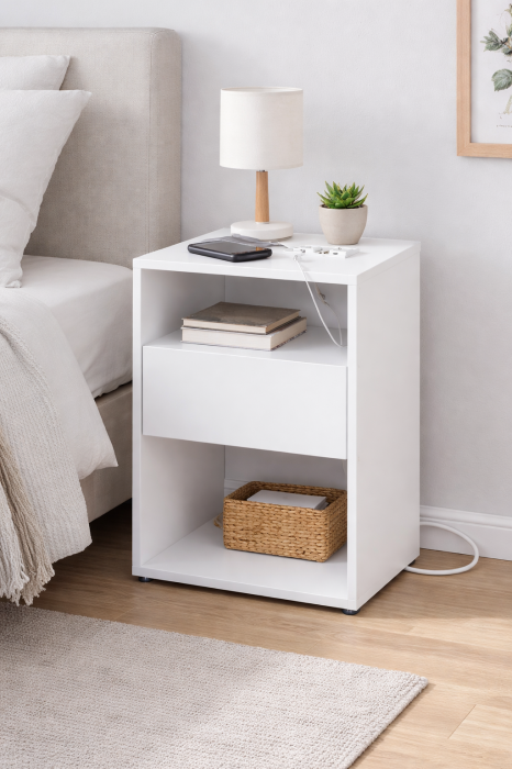 Noptiera cu sertar si statie de incarcare, 2 prize, 2 porturi USB, 45x35x58 cm, alb [5]