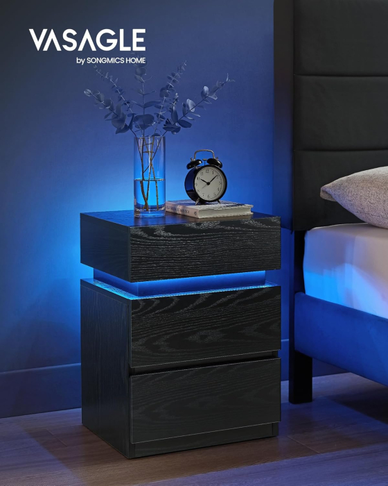 VASAGLE Noptiera din MDF cu iluminare LED, culori si intensitate reglabile, 35x40x55cm, negru [2]