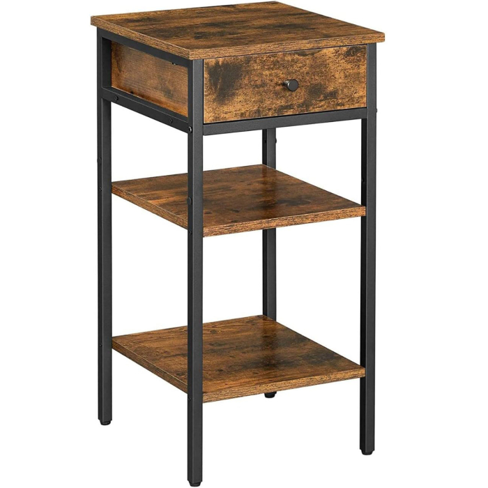 VASAGLE Noptiera inalta cu sertar si 2 rafturi de depozitare, stil industrial, 35x35x70cm, maro rustic si negru [1]