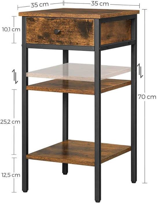 VASAGLE Noptiera inalta cu sertar si 2 rafturi de depozitare, stil industrial, 35x35x70cm, maro rustic si negru [3]