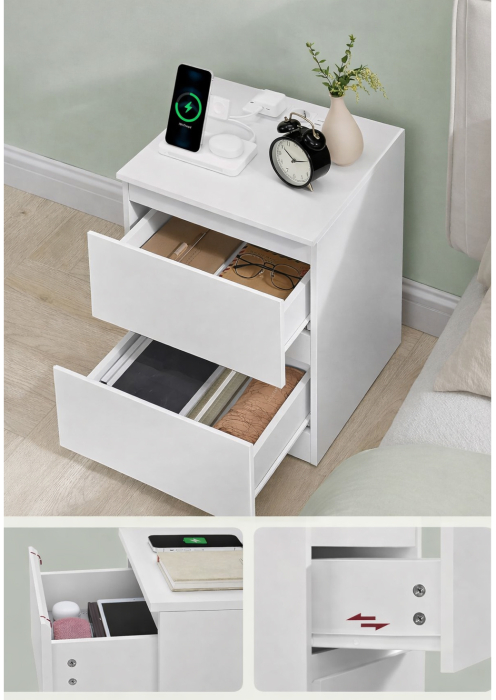 Noptiera Kailyn cu 2 sertare, 2 prize integrate si 2 porturi USB, 40x35x49 cm, alb [5]