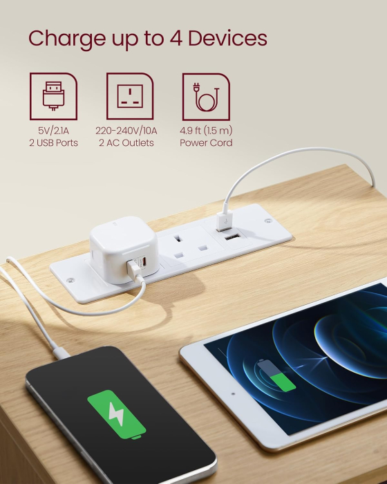 Noptiera Kailyn cu prize si USB integrate, 3 sertare, PAL, 40x35x59 cm, natur [3]
