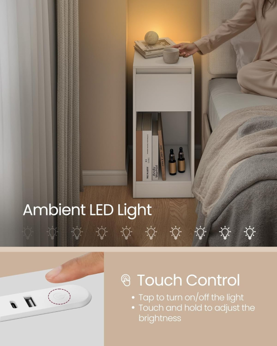 Noptiera slim cu LED si statie de incarcare cu 2 prize USB, MDF, 30x25x60 cm, alb [4]
