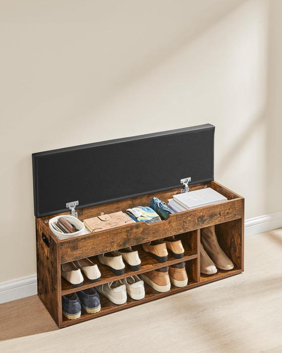 Pantofar cu banca capitonata, 3 compartimente, sarcina 150 kg, 30x100x44 cm, vintage, maro rustic [4]