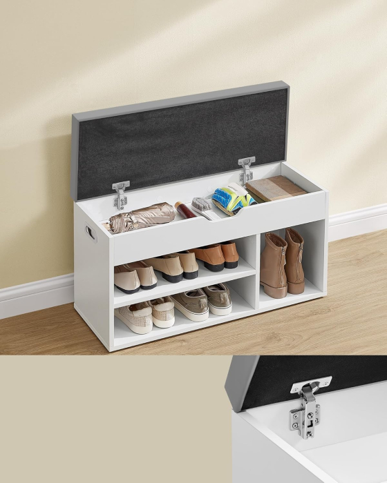 VASAGLE Pantofar cu banca, capitonata, 3 compartimente, sarcina 150 kg, 30x80x44 cm, modern, alb [5]