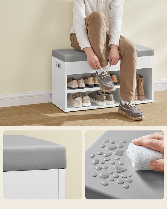 VASAGLE Pantofar cu banca, capitonata, 3 compartimente, sarcina 150 kg, 30x80x44 cm, modern, alb [6]