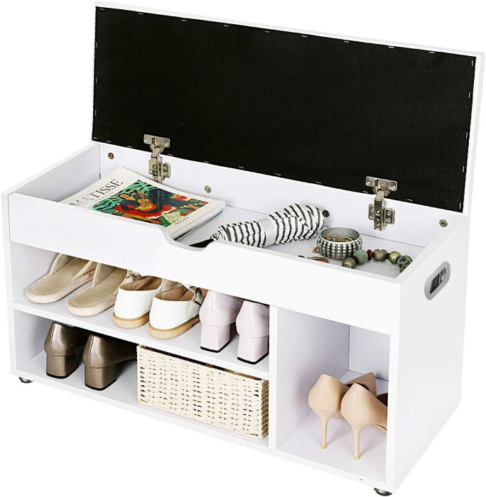 Pantofar cu banca, capitonata, 3 compartimente, sarcina 150 kg, 30x80x44cm, modern, alb [6]