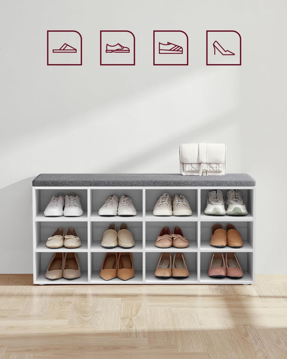 Pantofar cu banca cu 12 compartimente si perna, sarcina 136 kg, 104x30x48 cm, alb [6]