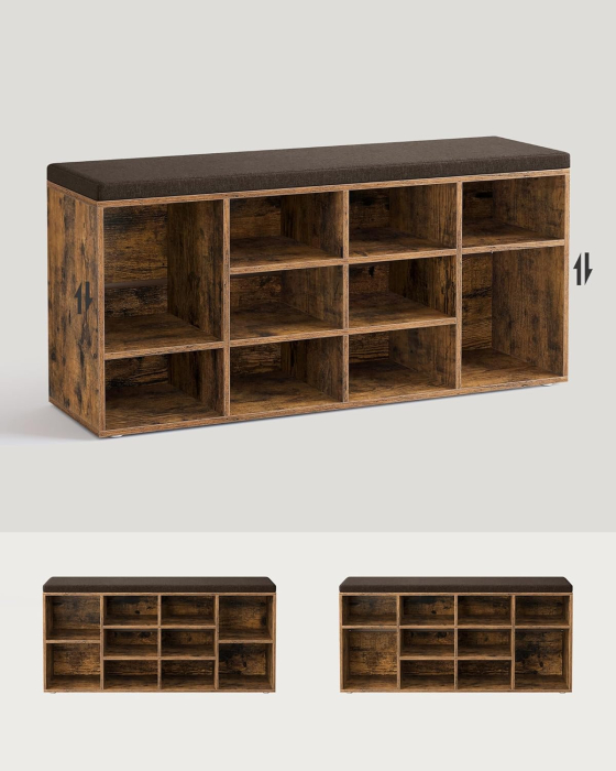 VASAGLE Pantofar cu banca cu 12 compartimente si perna, sarcina 136 kg, 104x30x48 cm, maro rustic [2]