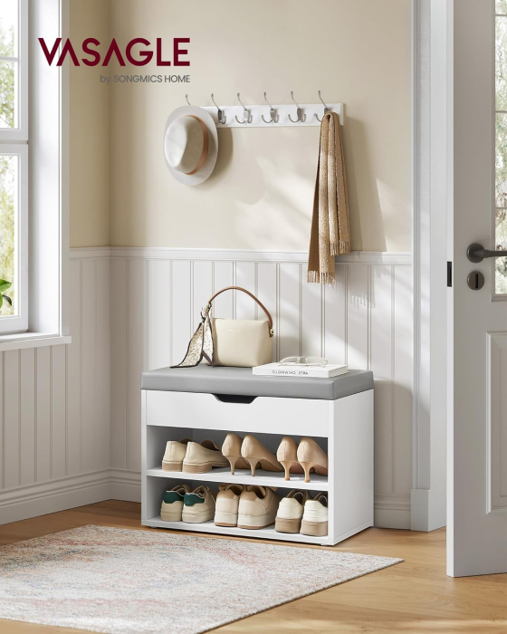 VASAGLE Pantofar cu bancheta tapitata, 3 compartimente, PAL si sezut din PU, 60x30x44 cm, alb [6]