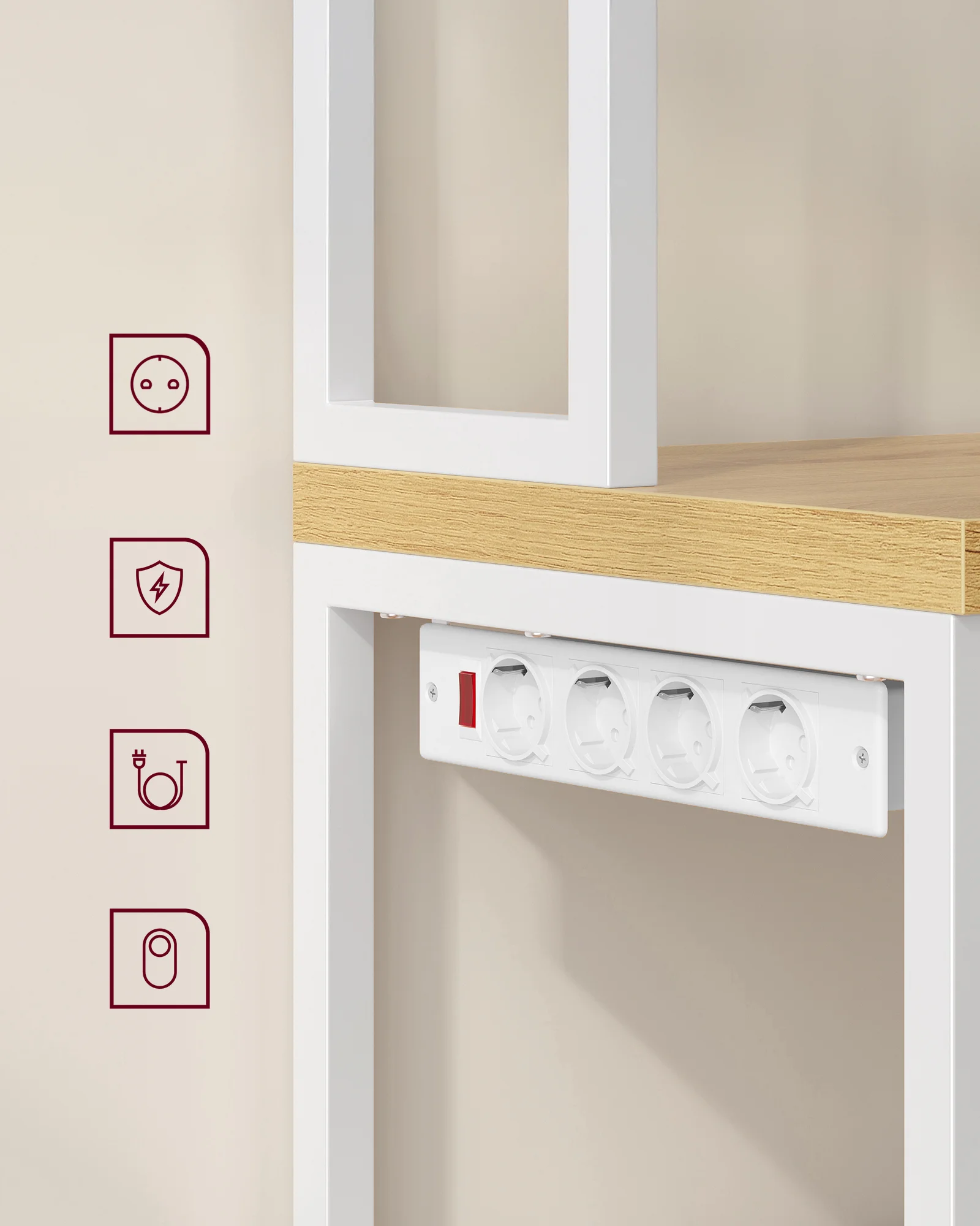 Raft bucatarie cu 4 prize, blat de lucru 90 cm, raft microunde, dulap si carlige, 40x60x170 cm, alb si stejar [7]