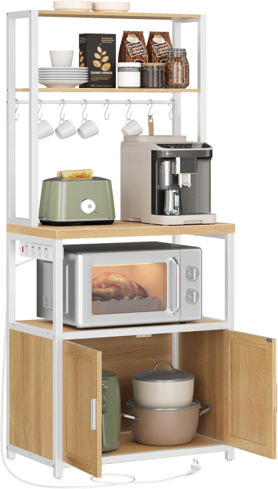 Raft bucatarie cu 4 prize, blat de lucru 90 cm, raft microunde, dulap si carlige, 40x60x170 cm, alb si stejar [6]