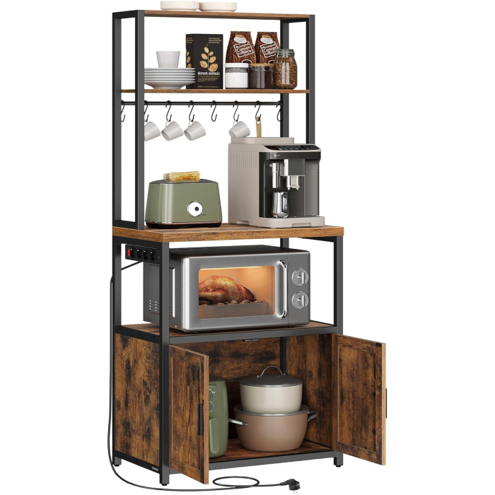 VASAGLE Raft bucatarie cu 4 prize, blat de lucru 90 cm, raft microunde, dulap si carlige, 40x60x170 cm, maro rustic [8]