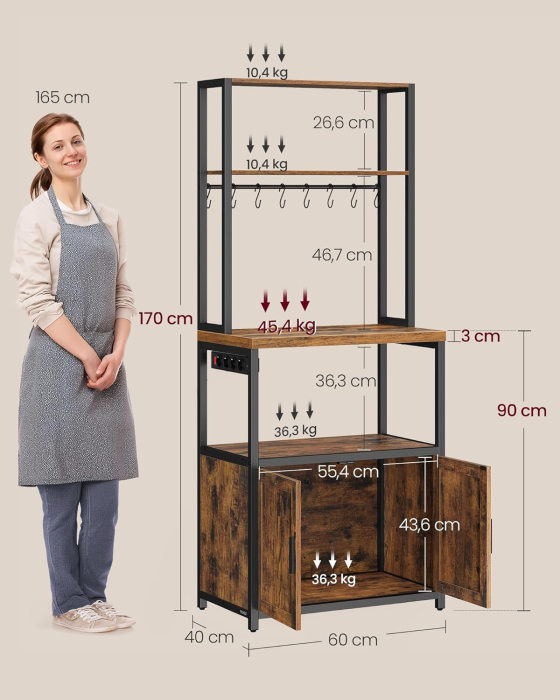 VASAGLE Raft bucatarie cu 4 prize, blat de lucru 90 cm, raft microunde, dulap si carlige, 40x60x170 cm, maro rustic [4]