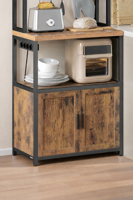 VASAGLE Raft bucatarie cu 4 prize, blat de lucru 90 cm, raft microunde, dulap si carlige, 40x60x170 cm, maro rustic [3]