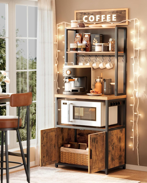 VASAGLE Raft bucatarie cu 4 prize, blat de lucru 90 cm, raft microunde, dulap si carlige, 40x60x170 cm, maro rustic [2]