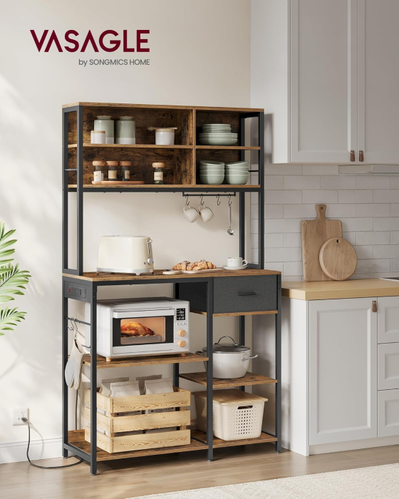 Raft bucatarie cu polite reglabile si sertar, 4 prize integrate, cadru metalic, stil industrial, 110x41x180 cm, maro rustic [5]