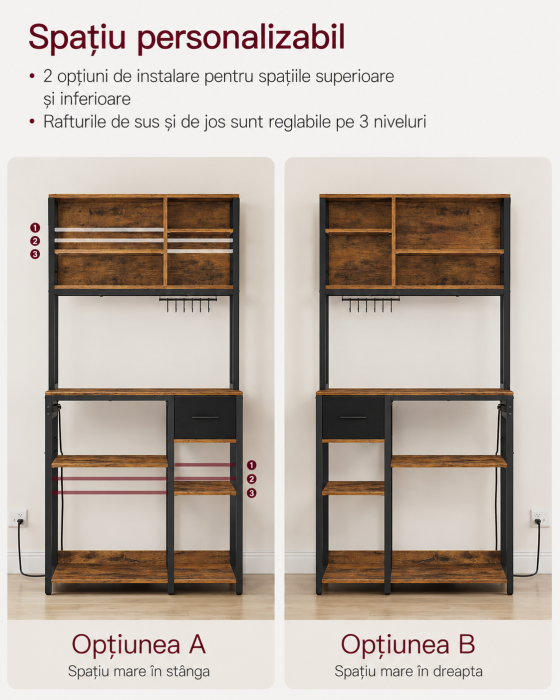 Raft bucatarie cu sertar si 12 carlige, 4 rafturi reglabile, 4 prize incorporate, stil industrial, 80x40x180 cm, maro rustic [6]