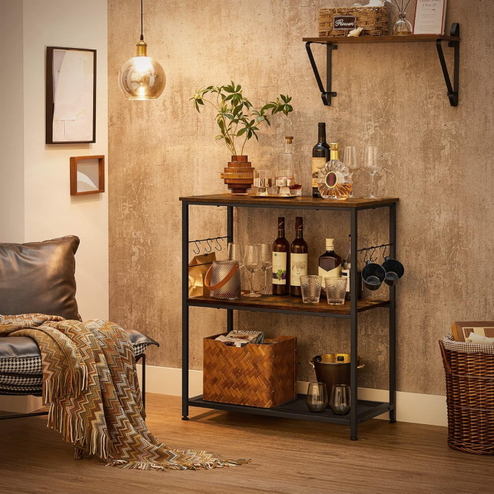 Raft bucatarie multifunctional, cadru metalic, 3 polite, stil industrial, 80x40x90 cm, maro rustic [7]