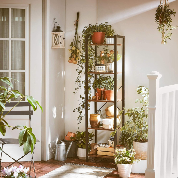 Raft cu 5 etaje, tip biblioteca, cadru metal si polite lemn, 40x30x153cm, industrial, maro rustic si negru [7]