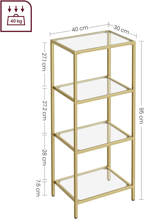 Raft cu trepte pentru dormitor, 4 etaje, din sticla securizata, cadru din otel, 30x95x40cm, auriu [3]