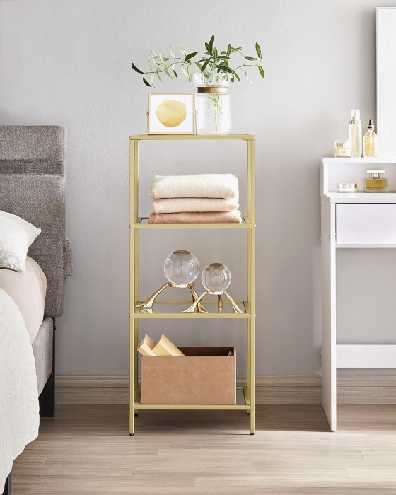 Raft cu trepte pentru dormitor, 4 etaje, din sticla securizata, cadru din otel, 30x95x40cm, auriu [2]