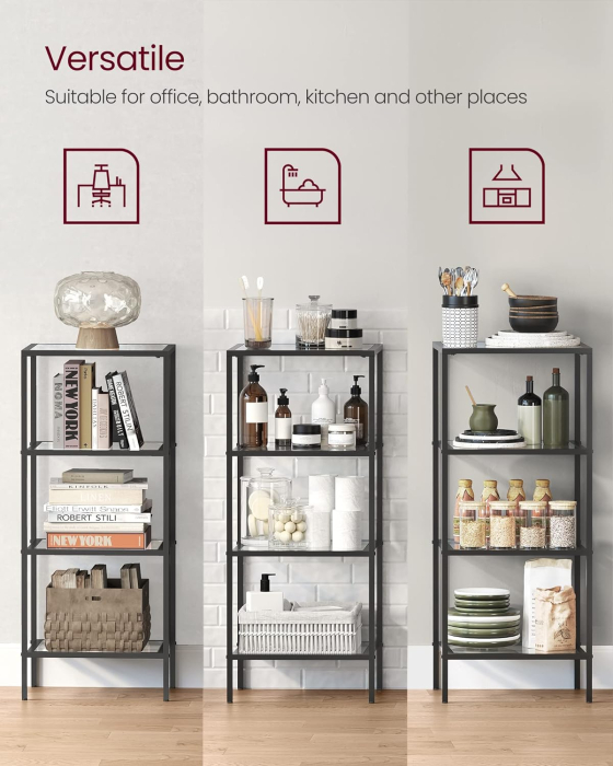 Raft cu trepte pentru dormitor, 4 etaje, din sticla securizata, cadru din otel, 30x95x40cm, negru [8]