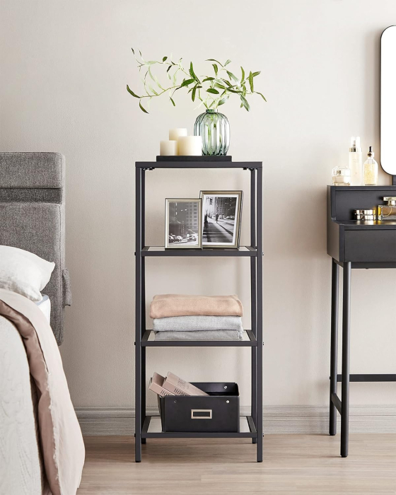 Raft cu trepte pentru dormitor, 4 etaje, din sticla securizata, cadru din otel, 30x95x40cm, negru [3]