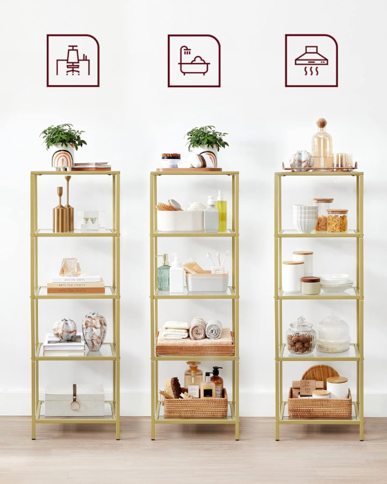 VASAGLE Raft cu trepte pentru dormitor, 5 etaje, din sticla securizata, cadru din otel, 30x124x40cm, auriu [8]