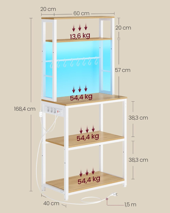 Raft de bucatarie cu iluminare LED in 25 de culori si 3 moduri dinamice, 3 prize AC si porturi USB pentru electrocasnice, rafturi reglabile, 8 [2]